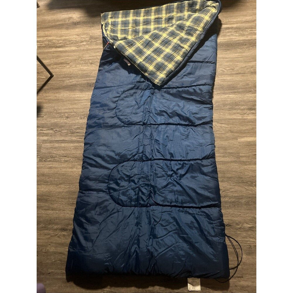Coleman Sleeping Bag 75x30 Blue Nylon & Plaid Flannel Lining Blue Yellow